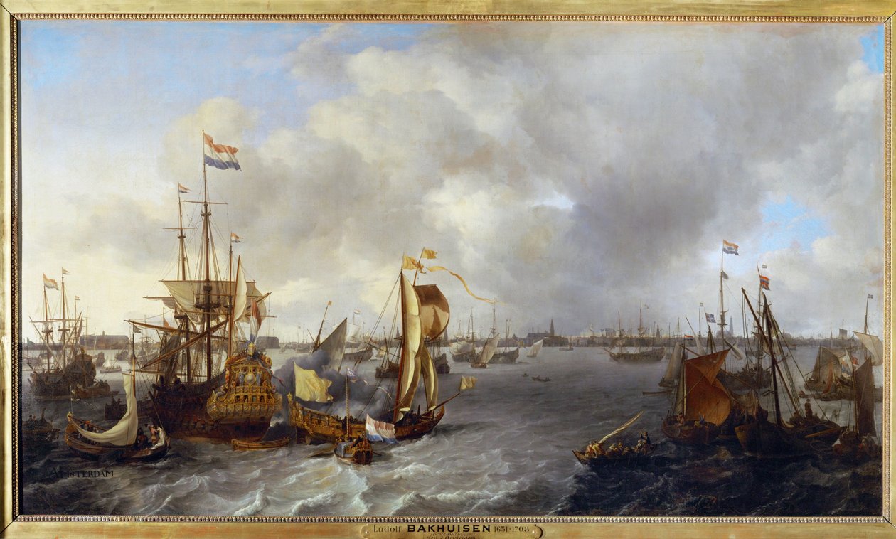 O porto de Amesterdão visto do rio Ijssel ... de Ludolf I Backhuyzen