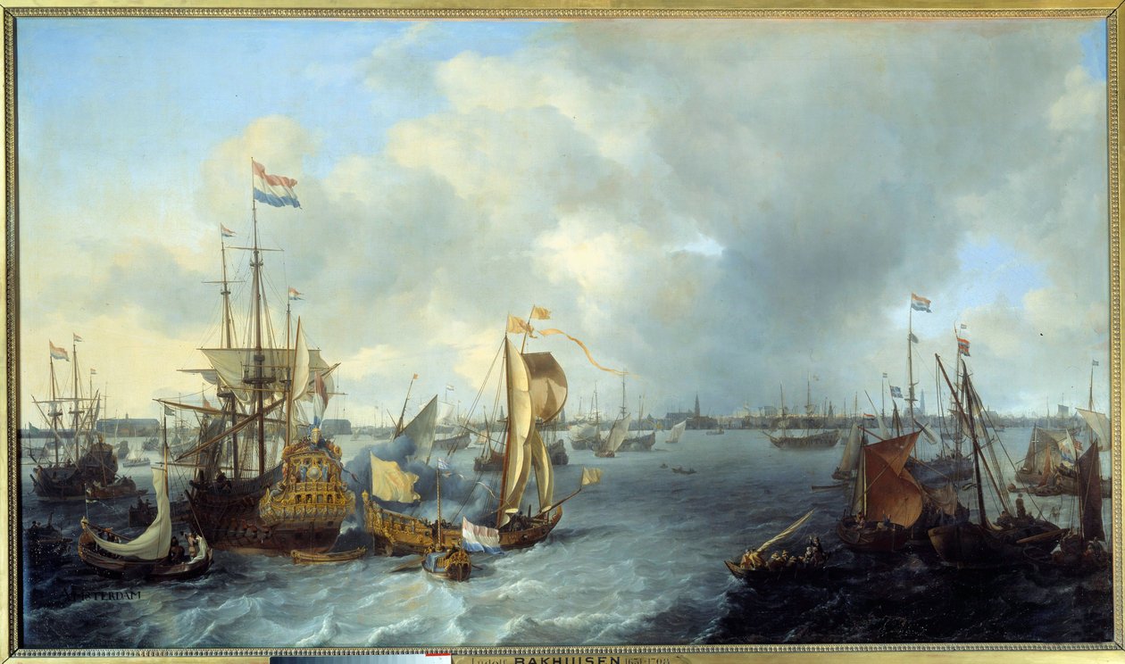 Vista do Porto de Amesterdão a partir da Ij Pintura de Ludolf Backhuyzen (1631-1708) 1666 Sol. 1,28x2,21 m de Ludolf I Backhuyzen