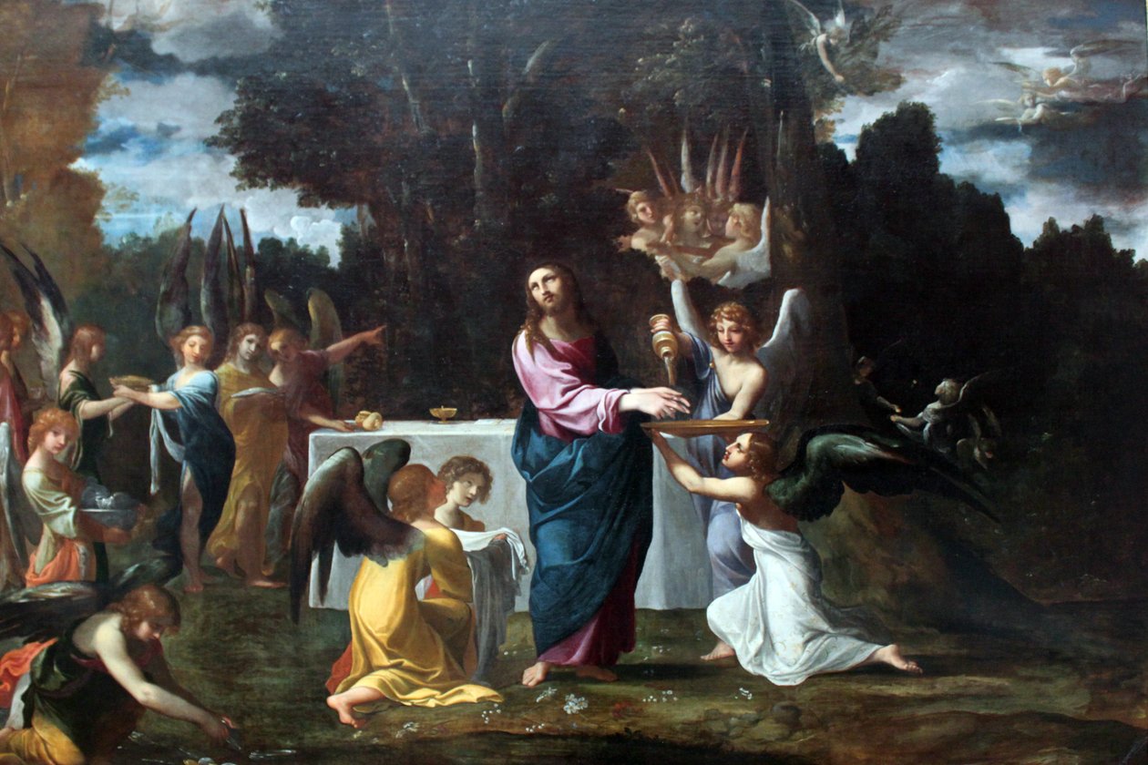 Jesus no deserto, servido por anjos de Ludovico Carracci