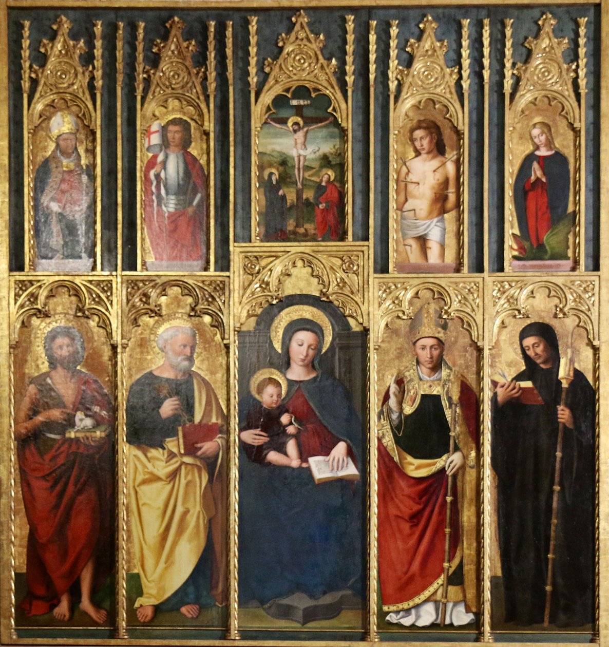 Retábulo, 10 pinturas: Virgem e Menino entre São João Batista e São Pedro, Um Bispo e um Abade, Cristo na Cruz entre São João e a Virgem, São Martinho e São Victor, São Sebastião e Santa Margarida. de Ludovico Brea