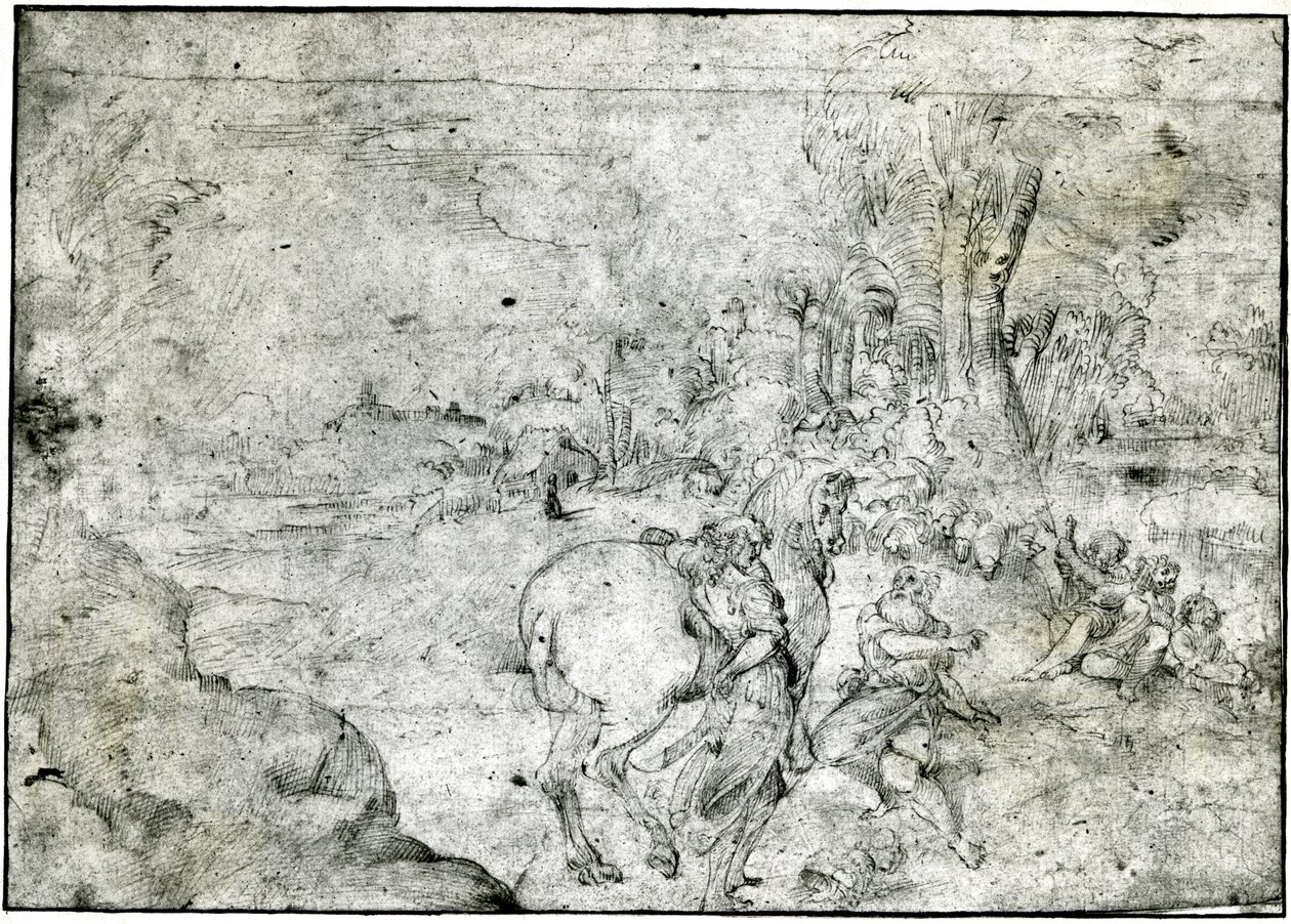 Ermínia e os Pastores, c.1600 (pena e tinta sobre papel) de Ludovico Carracci