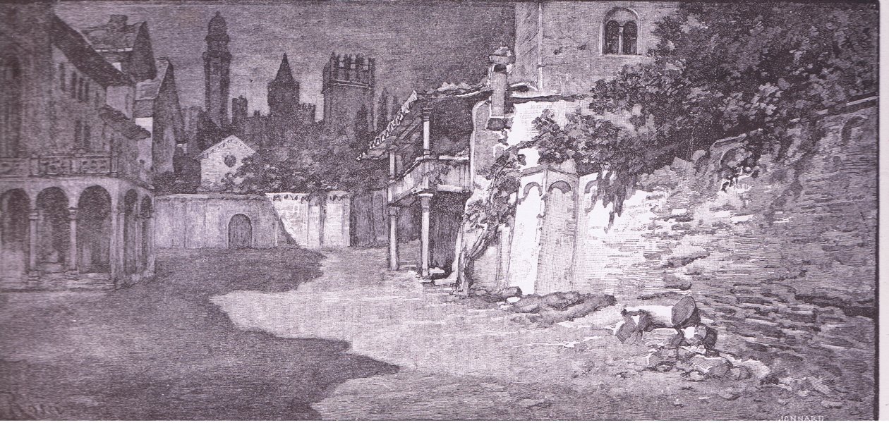 Um lugar aberto ao lado do jardim dos Capuletos, ilustração de Romeu e Julieta, de Ludovico Marchetti