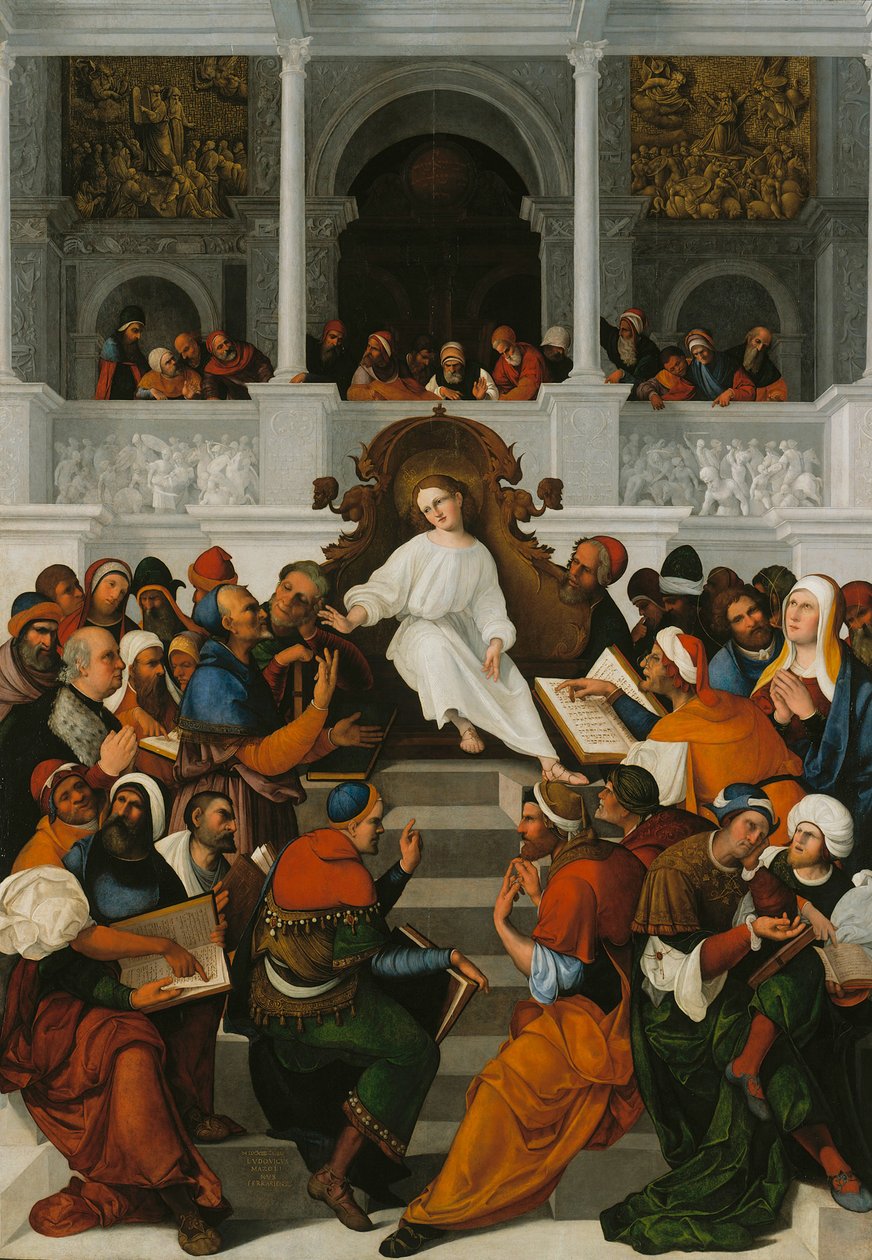 Jesus, doze anos de idade, ensinando no templo, 1524 de Ludovico Mazzolino