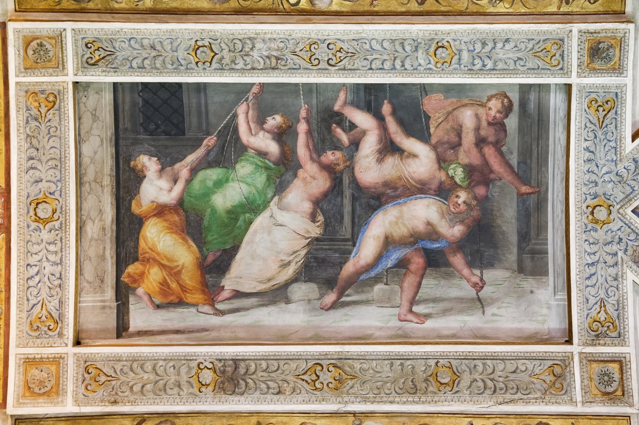 A dança Pyrrhichios, detalhe do tecto do Salão de Jogos (fresco) de Ludovico Settevecchi