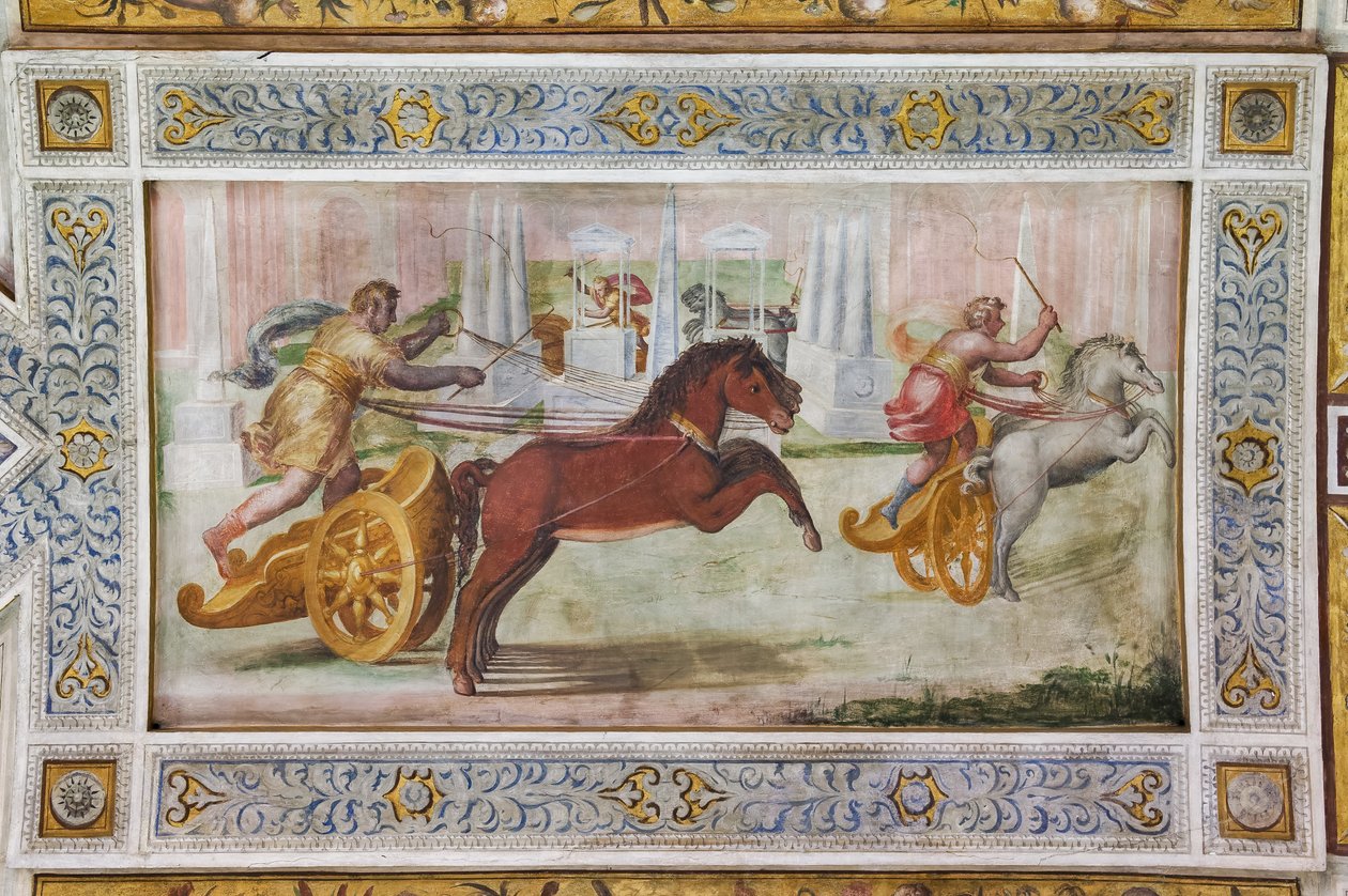 A corrida da quadriga, detalhe do teto do Salão de Jogos (fresco) de Ludovico Settevecchi