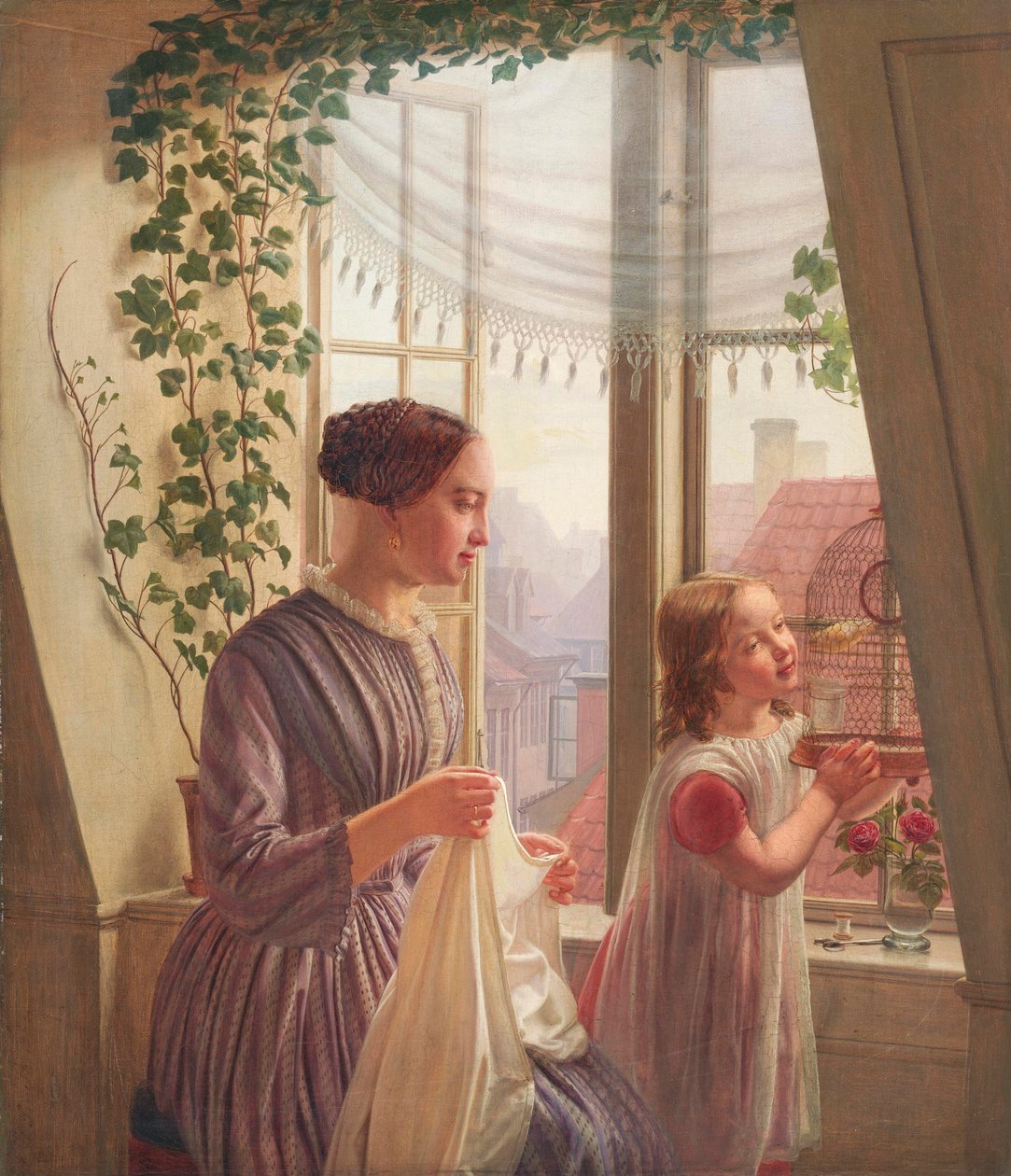 Interior com mãe e filha por uma janela, 1853 de Ludvig August Smith