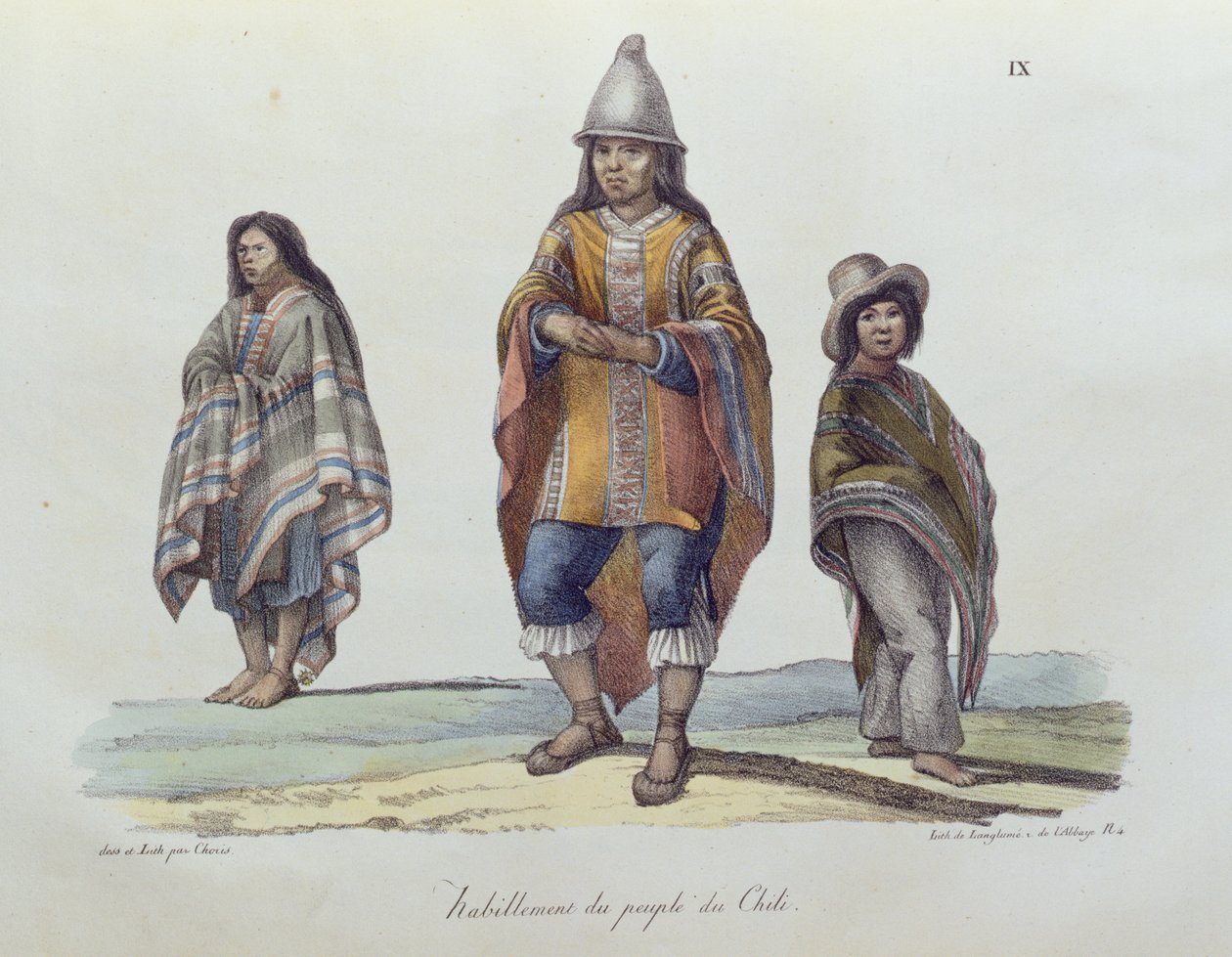 Traje do povo do Chile, da Picturesque Travel Around the World, publicado em 1822 de Ludwig Choris