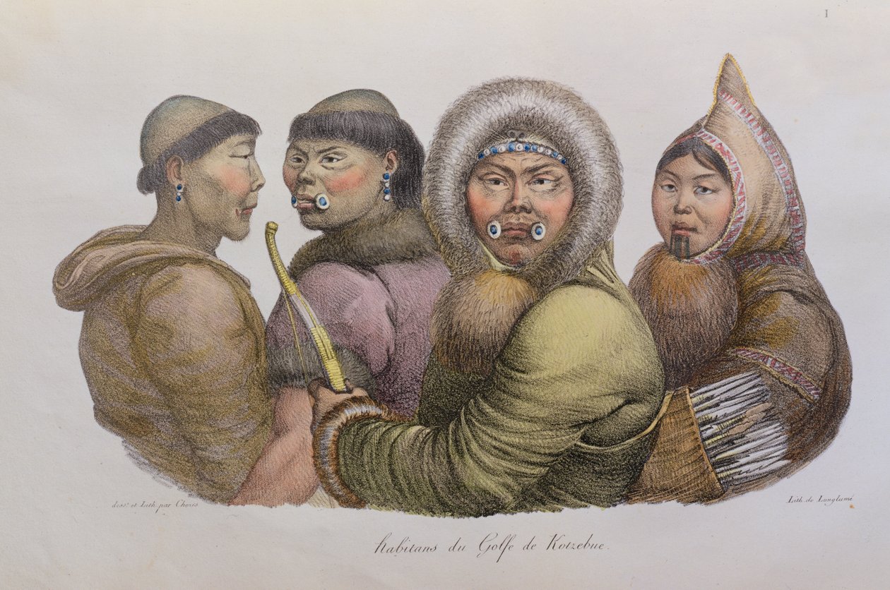 Nativos do Golfo de Kotzebue, Alasca, da Picturesque Travel Around the World, publicado em 1822 de Ludwig Choris