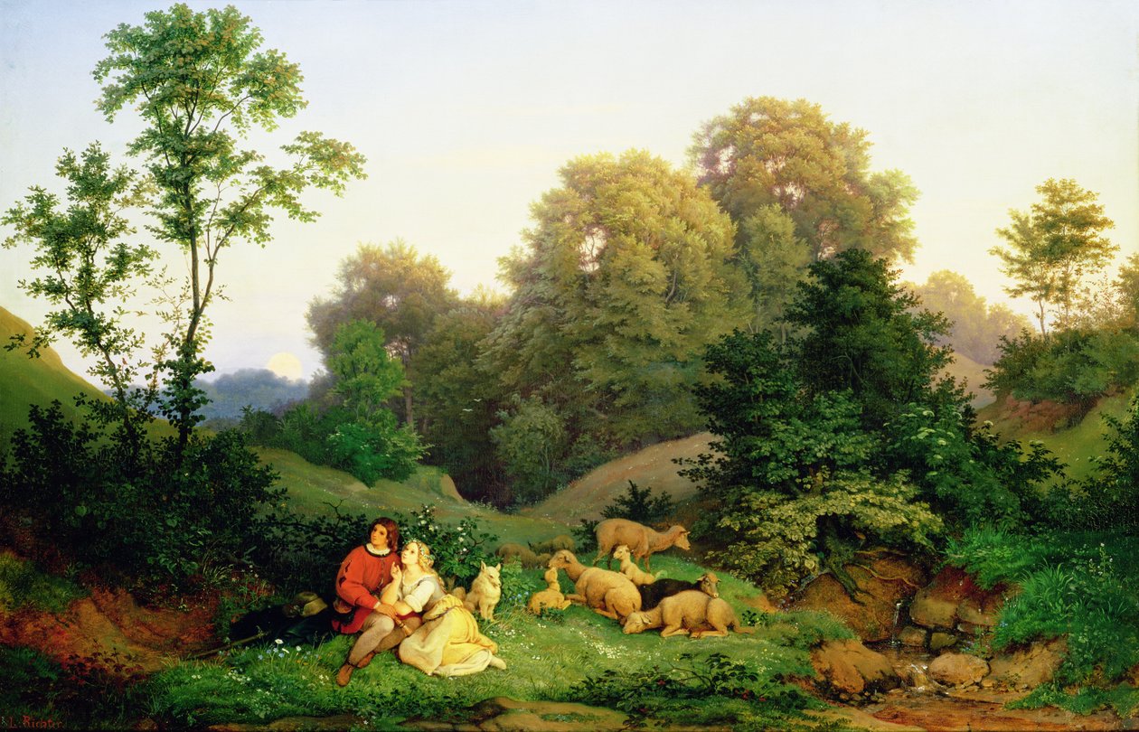 Pastor e pastora em uma paisagem alemã, 1844 de Ludwig Adrian Richter