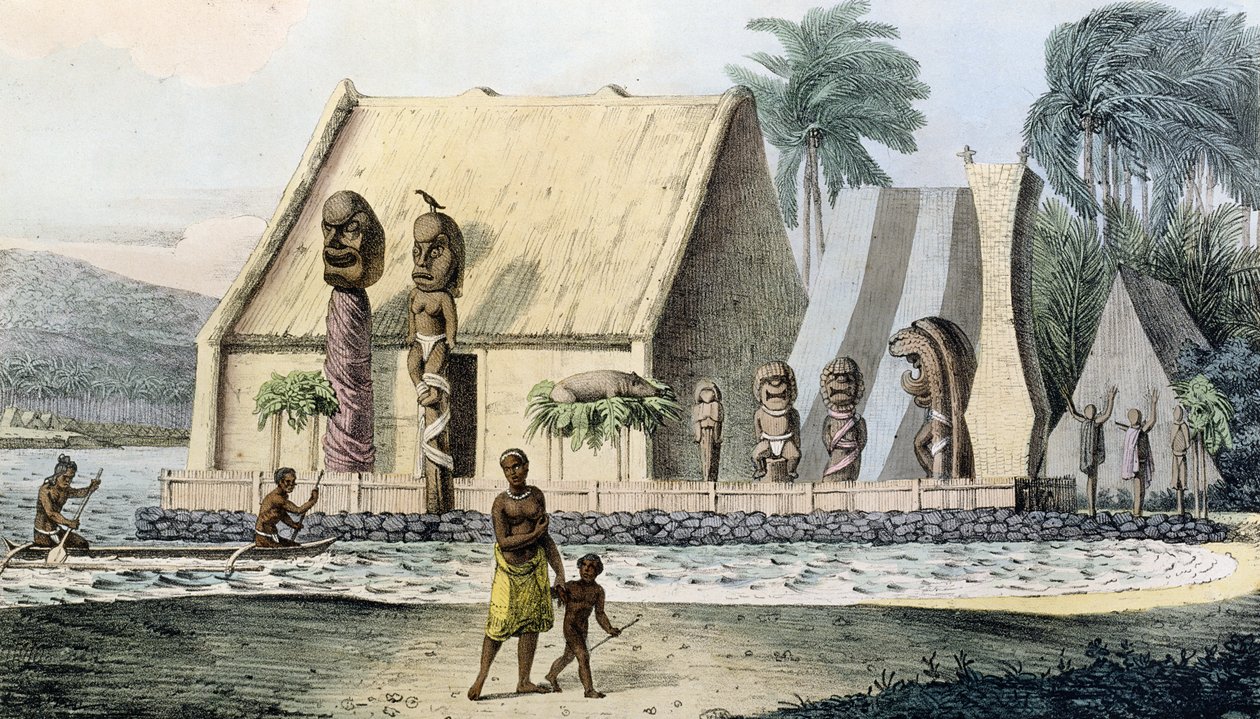 Templo do Rei na Baía de Tiritatea, de "Quaint Travel Around the World", gravado por Jean Pierre Norblin (1745-1830) publicado em 1822 de Ludwig Choris