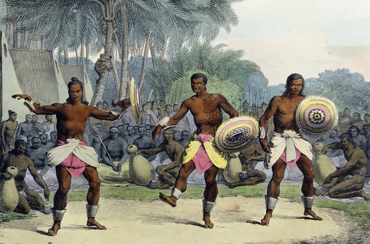 Os nativos das Ilhas Sandwich Dançando, de "Quaint Travel Around the World", gravado por Jean Augustin Franquelin (1798-1839) publicou 1822 de Ludwig Choris