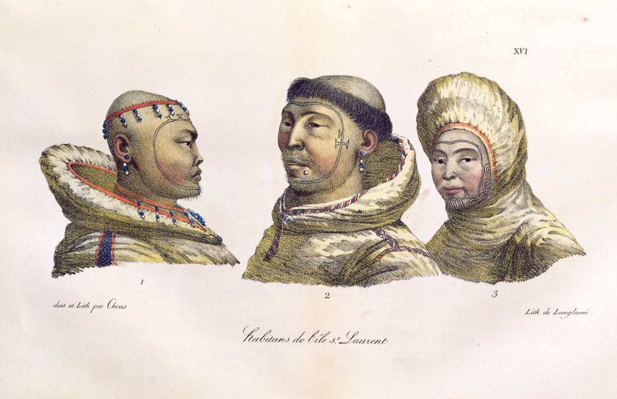 Nativos das Ilhas St. Lawrence, no Alasca, de "Quaint Travel Around the World", publicado em 1822 de Ludwig Choris