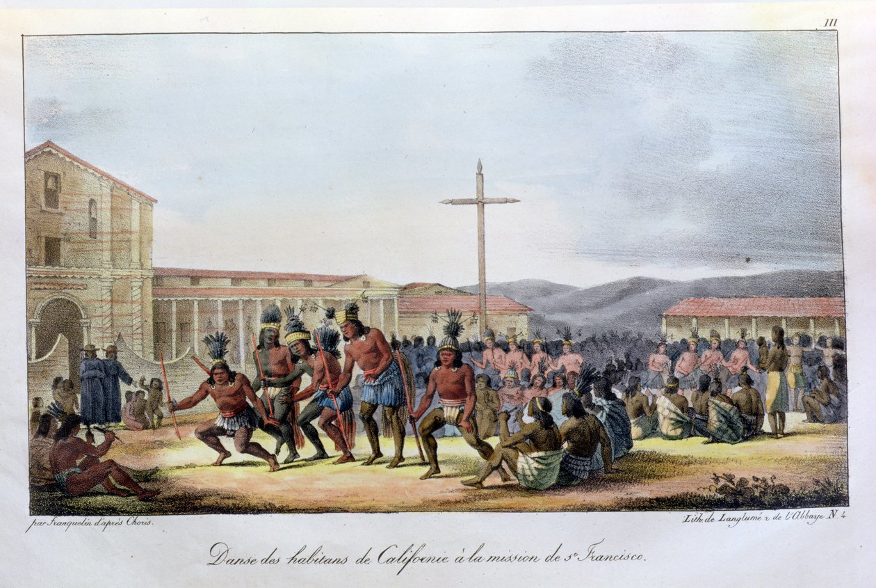 Dança ritual dos nativos da Califórnia, na Missão de São Francisco, de &39;Voyage Pittoresque Autour du Monde&39;, gravada por Jean Augustin Franquelin (1798-1839), publicada em 1822 de Ludwig Choris