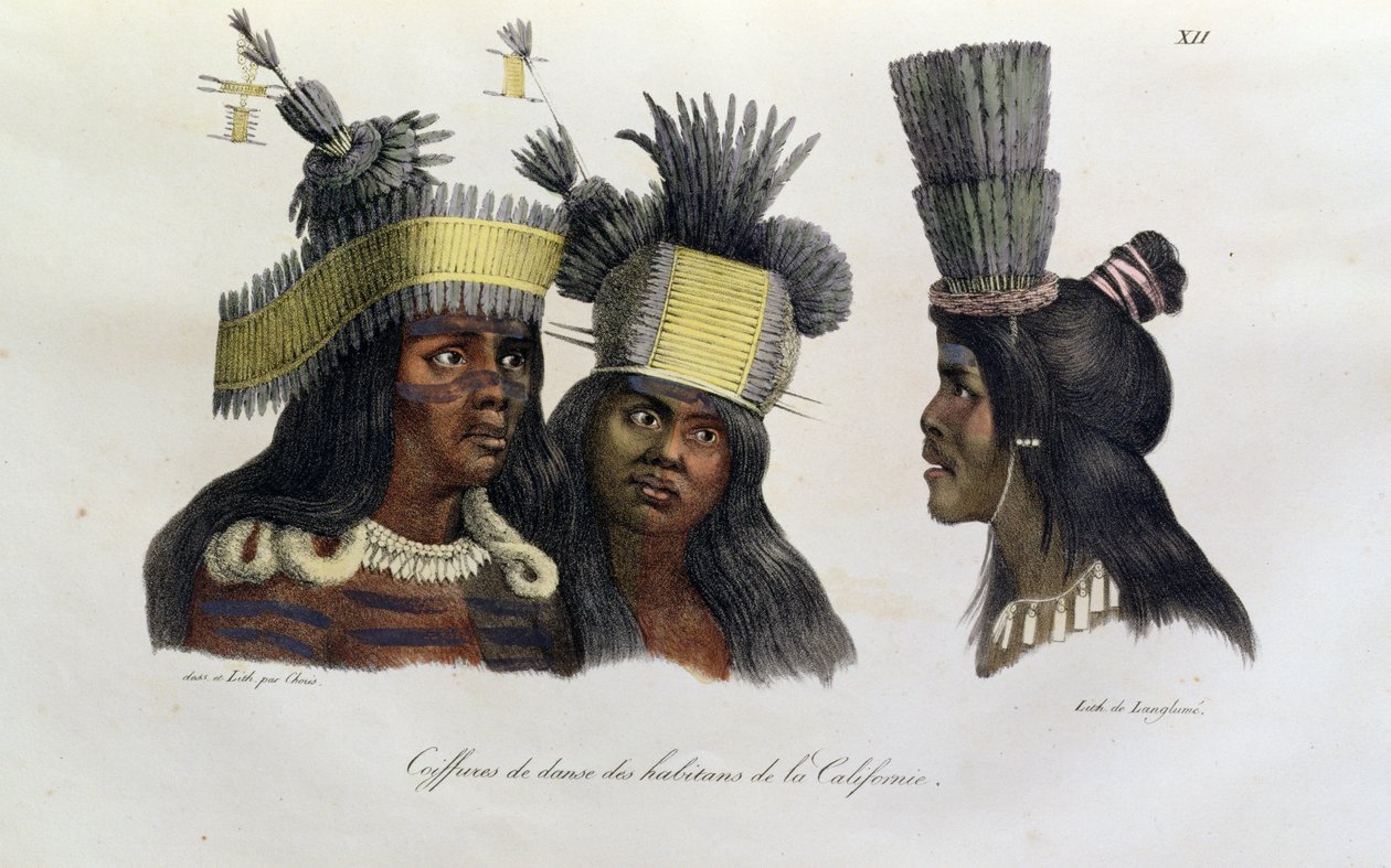 Cocares rituais usados pelos nativos da Califórnia, de "Quaint Travel Around the World", publicado em 1822 de Ludwig Choris