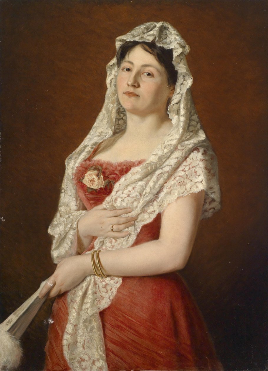 Retrato de uma senhora com mantilha de renda branca e ventilador de Ludwig Gloss