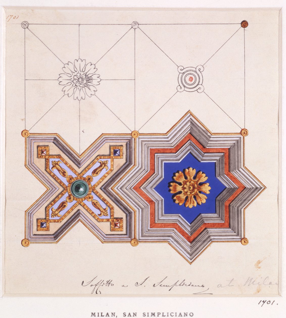 Decorações de teto de San Simpliciano, Milão (wc e lápis sobre papel) de Ludwig Gruner