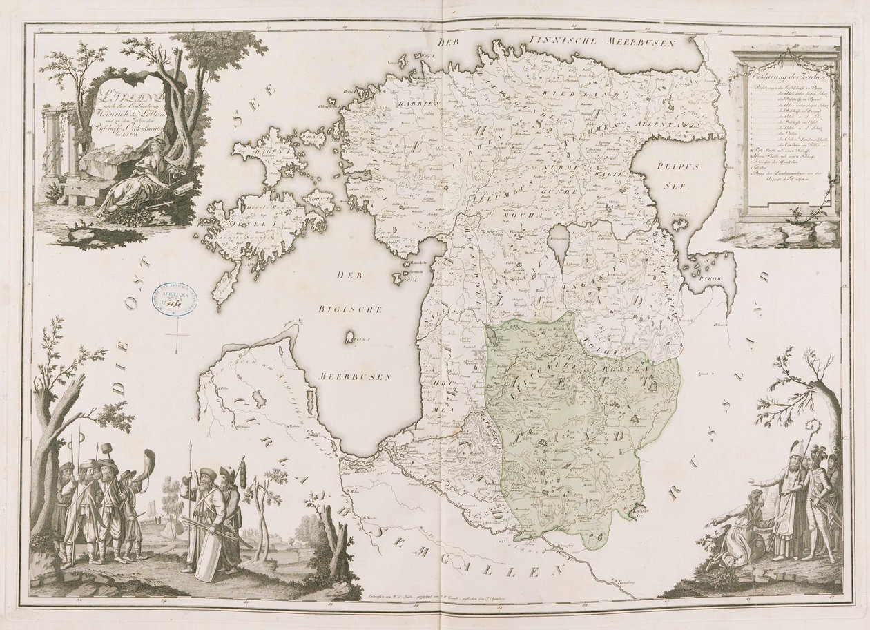 Mapa geral da Estônia e Letônia. Atlas de la Livonie, 1798. de Ludwig August von Mellin
