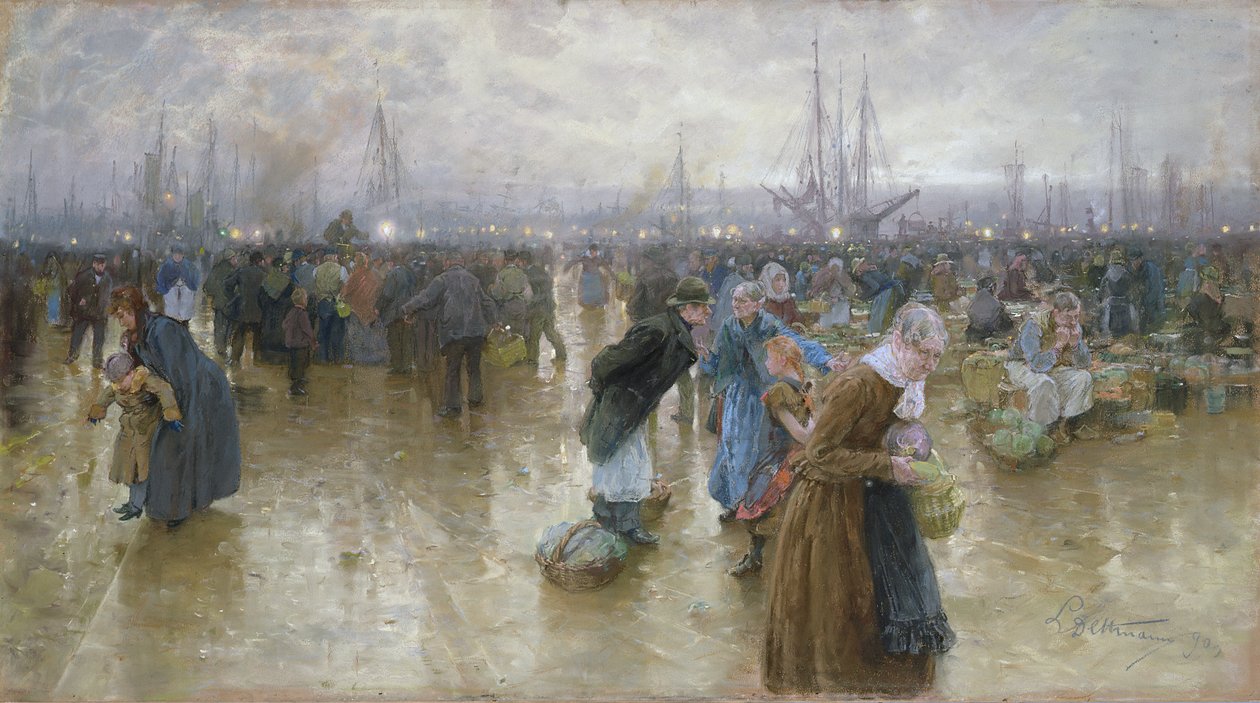 O Fishmarket em Altona, 1890 pastel em papelão de Ludwig Dettmann