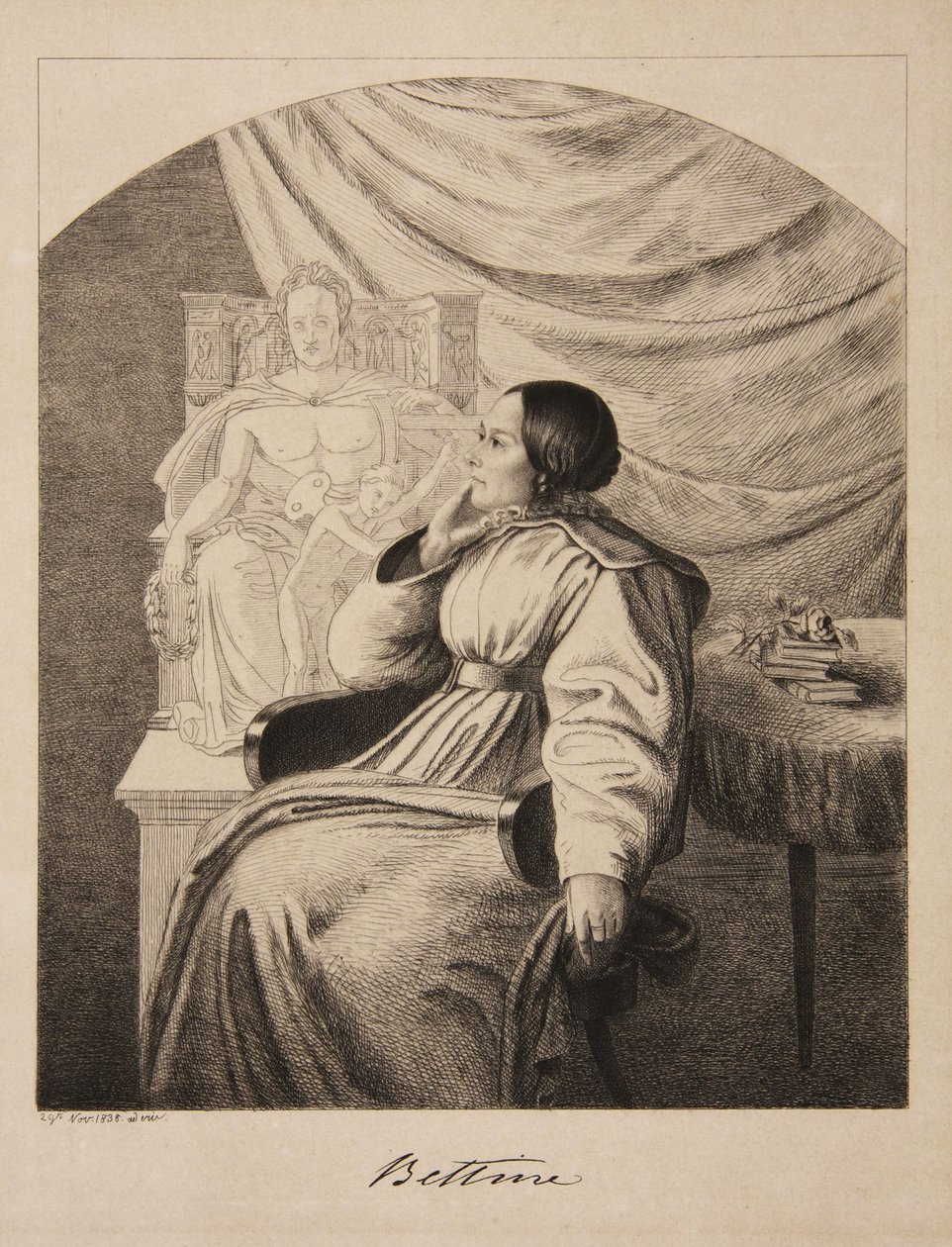 Retrato da escritora Bettine von Arnim 1785-1859, née Brentano, 1838. de Ludwig Emil Grimm