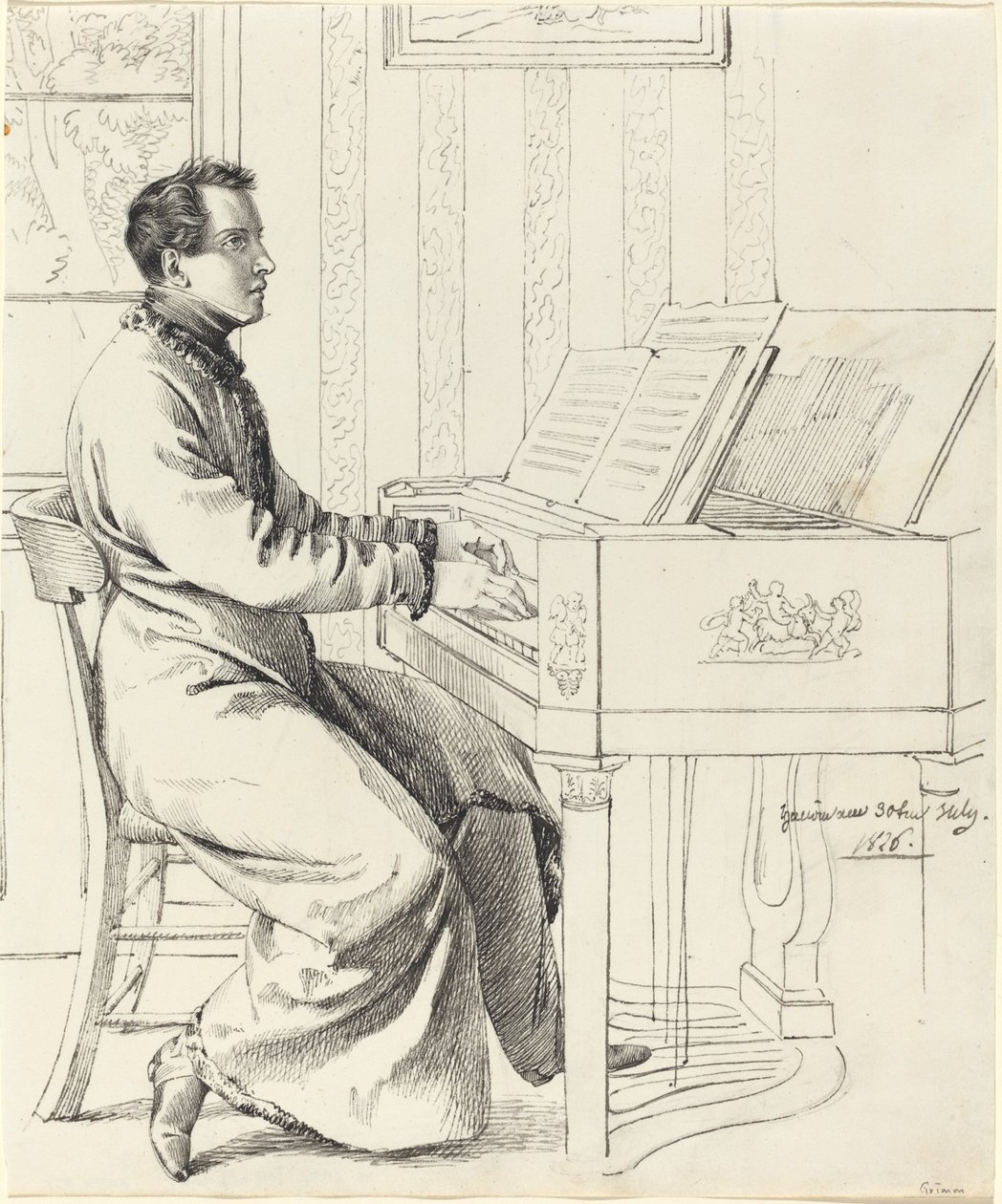 O cunhado do artista, Ludwig Hassenpflug, preparando-se para tocar piano de Ludwig Emil Grimm