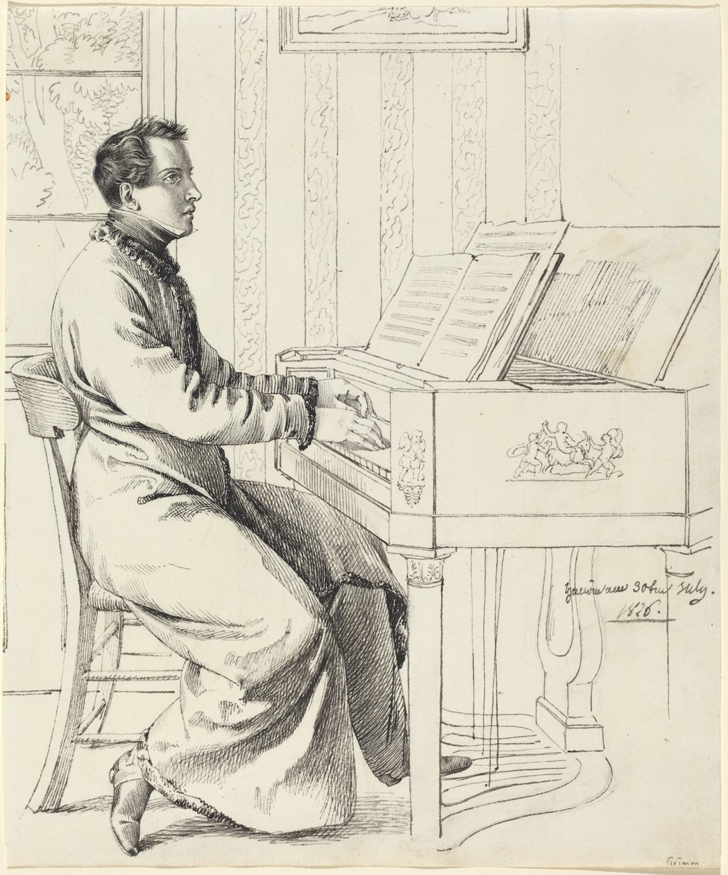 O cunhado do artista, Ludwig Hassenpflug, a preparar-se para tocar piano de Ludwig Emil Grimm