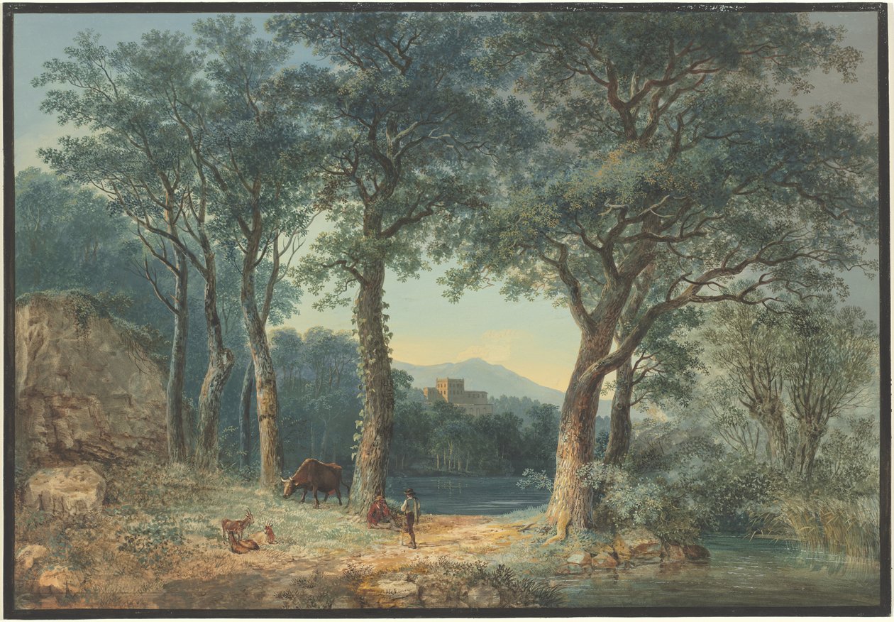 Um lago arborizado com uma villa italiana de Ludwig Hess