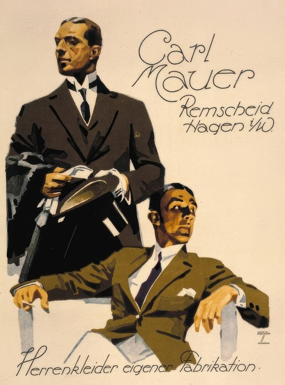 Carl Mauer / Remscheid Hage i. W. Roupa masculina de fabrico próprio de Ludwig Hohlwein