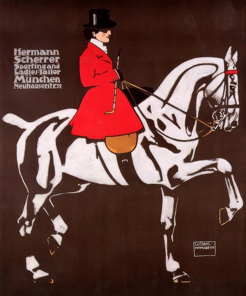 Senhora a cavalo em traje de cavalo como se usa para a caça à raposa na Inglaterra de Ludwig Hohlwein