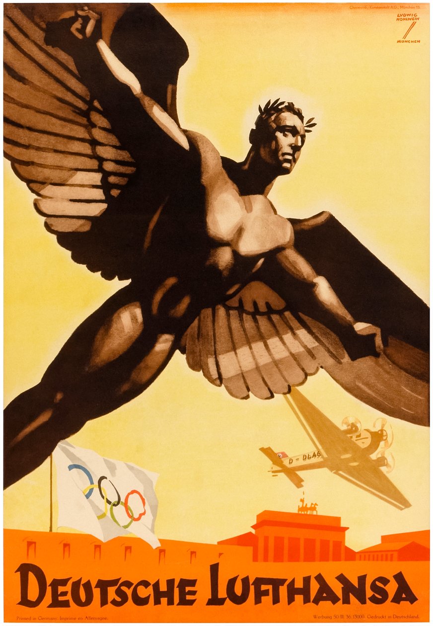 Deutsche Lufthansa, cartaz das companhias aéreas alemãs a promover os Jogos Olímpicos de 1936 na Alemanha nazi (cartaz) de Ludwig Hohlwein