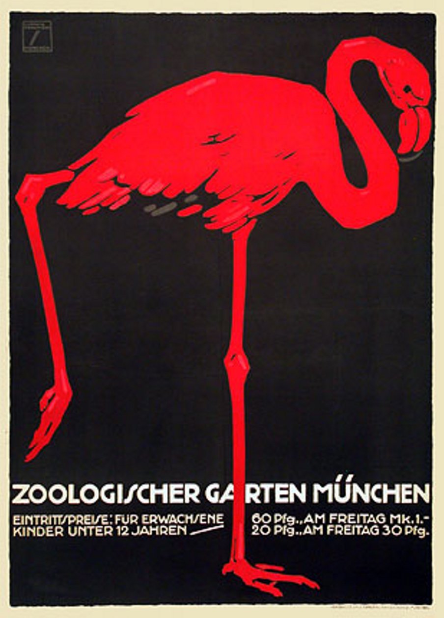 Cartaz do jardim zoológico com um flamingo vermelho de Ludwig Hohlwein