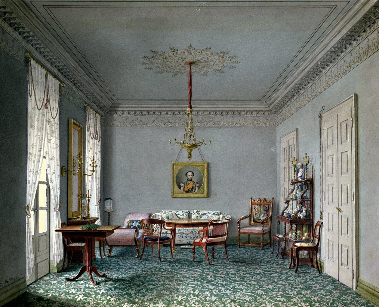Sala de desenho Interior no palácio em Stuttgart, Wurttemburg (wc no papel) de Ludwig Holthausen