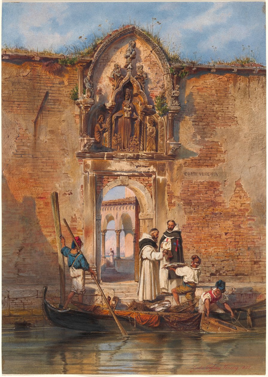 Monges comprando peixe diante do portal da Madonna della Misericordia de Ludwig Johann Passini
