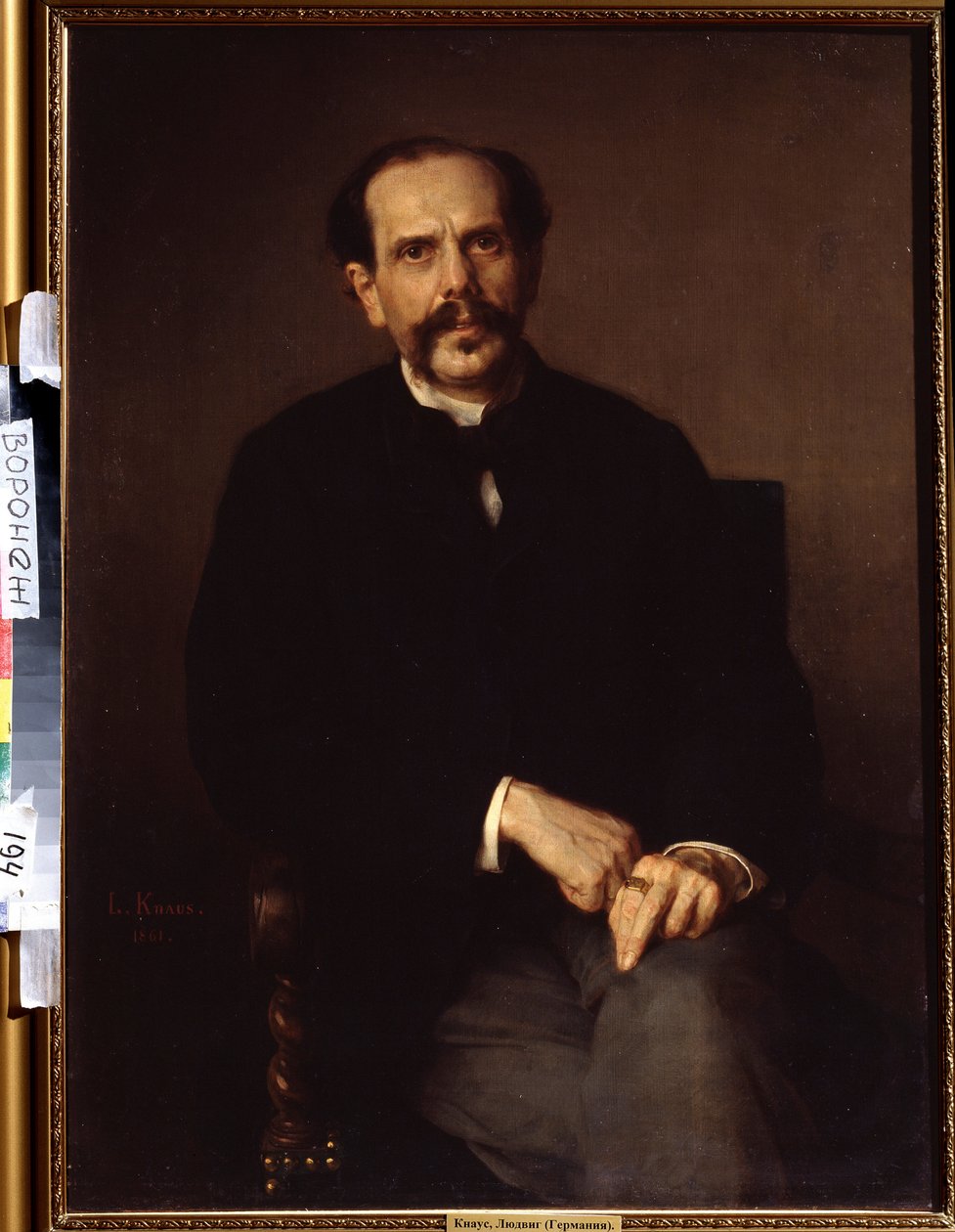"Retrato de um homem" Ele está vestido com um fato preto, um anel de sinalização no dedo. Pintura de Ludwig Knaus (1829-1910) Ivan Kramskoy (ou Kramskoi) Museu de Belas Artes em Voronezh, Rússia. de Ludwig Knaus