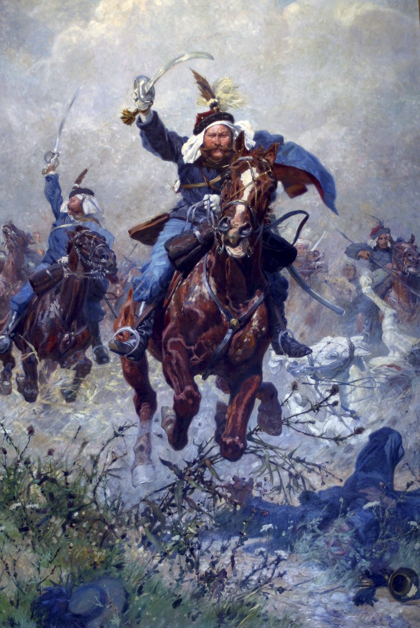 Coronel Maximiliano Ritter von Rodakowski e o 13º Uhlans na Batalha de Custoza em 1866, 1908 (óleo sobre linho) de Ludwig Koch