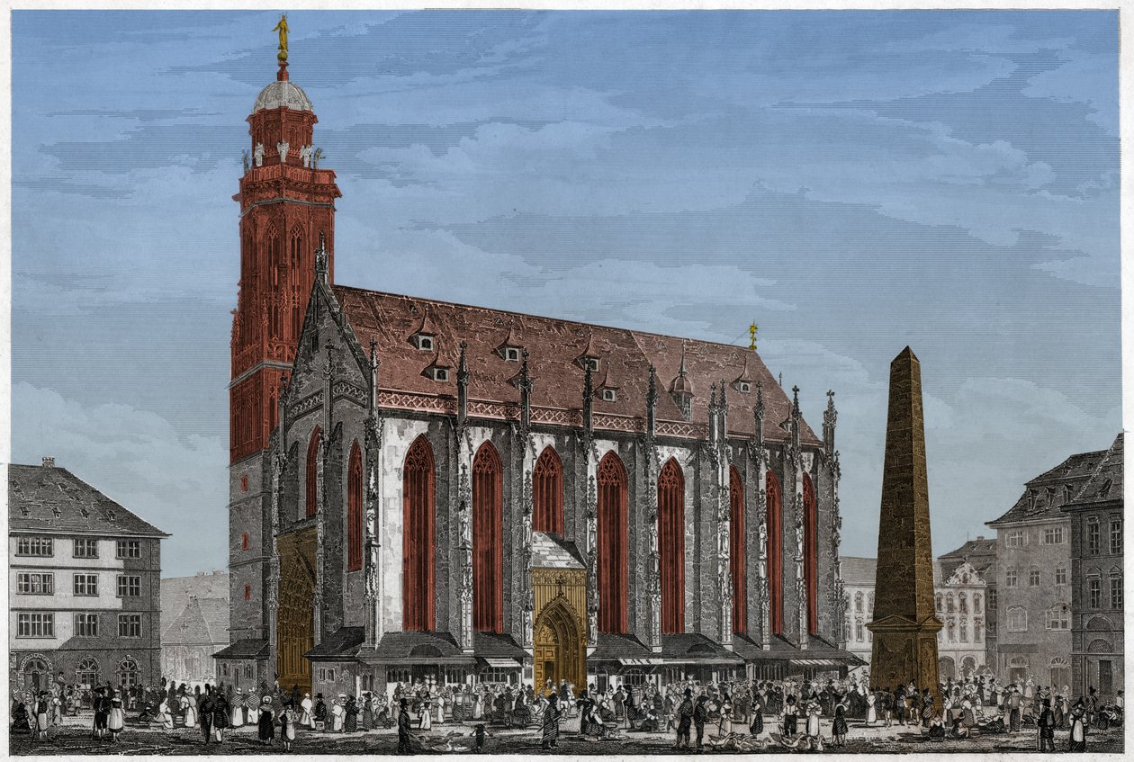 Capela de Santa Maria em Würzburg, em frente à Praça Marche e ao Obelisco, Alemanha. ca 1850 (Gravura) de Ludwig Lange