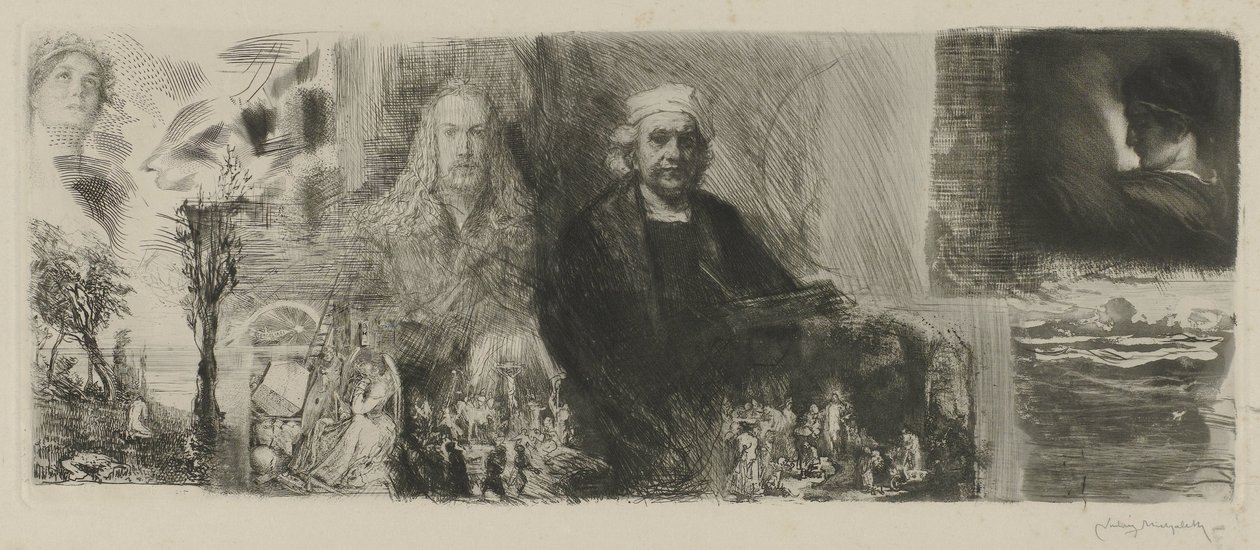 Obras de Rembrandt e Dürer em diferentes técnicas de impressão An die Schönheit (título no objeto) de Ludwig Michalek