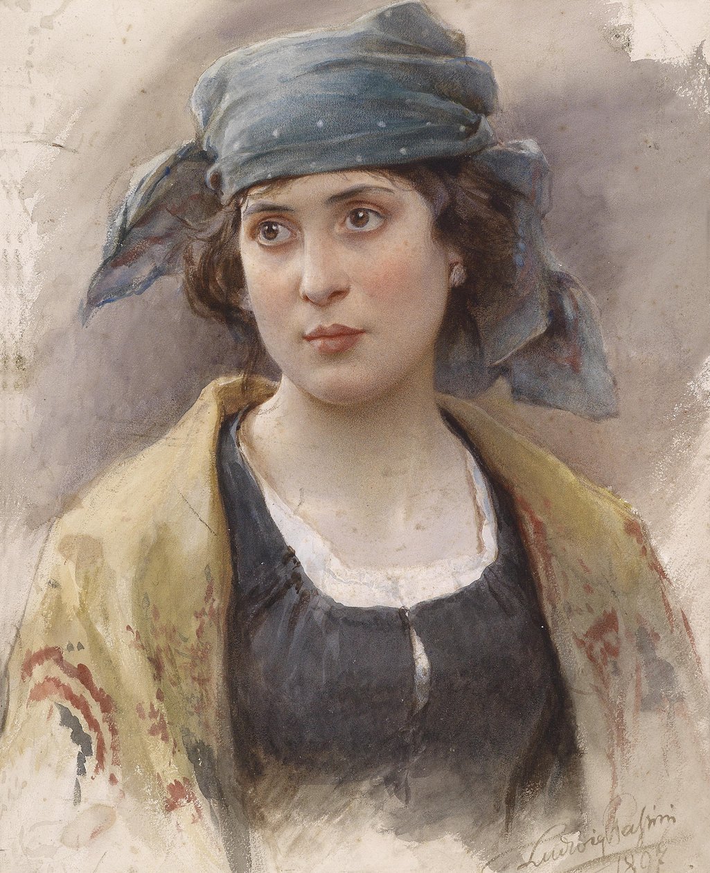 Menina com um lenço na cabeça verde de Ludwig Passini