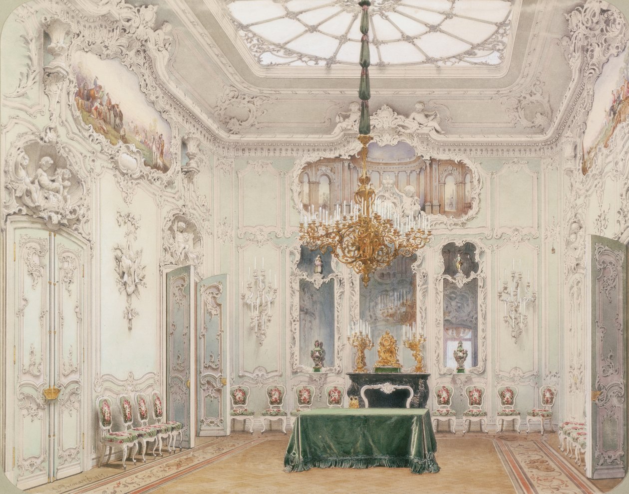 Interiores do Palácio de inverno. A sala de jantar verde, 1852 de Ludwig Premazzi