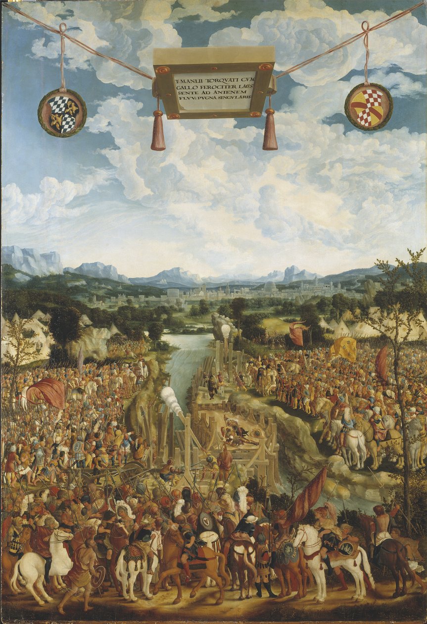 Titus Manlius Imperiosus Torquatus (4eme siecle avant JC) combate un gaulois - Manlius Torquatus Fighting a Gaul, por Refinger, Ludwig (c. 1510-1549). Óleo sobre madeira. Dimensão : 160x109 cm. Nationalmuseum Estocolmo de Ludwig Refinger