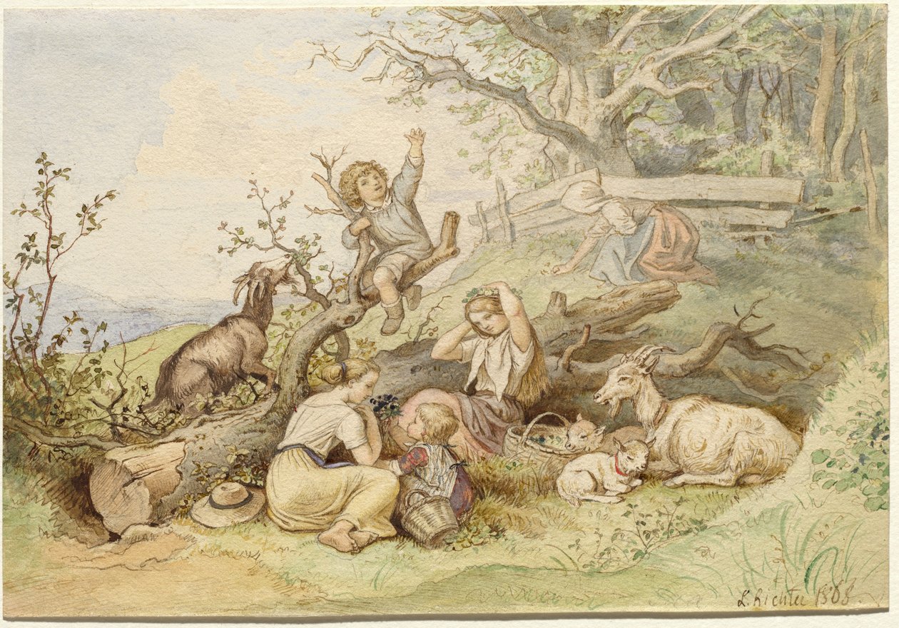 Crianças e cabras descansando por uma árvore derrubada de Ludwig Richter