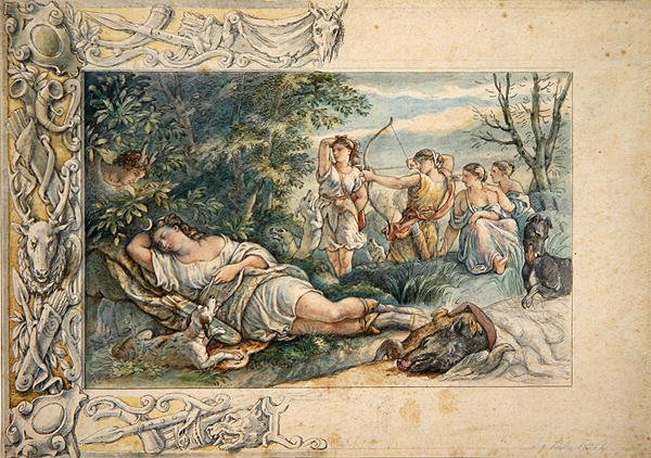 Diana Dormindo com Companheiros (aquarela sobre grafite em papel) de Ludwig Sigismund Ruhl