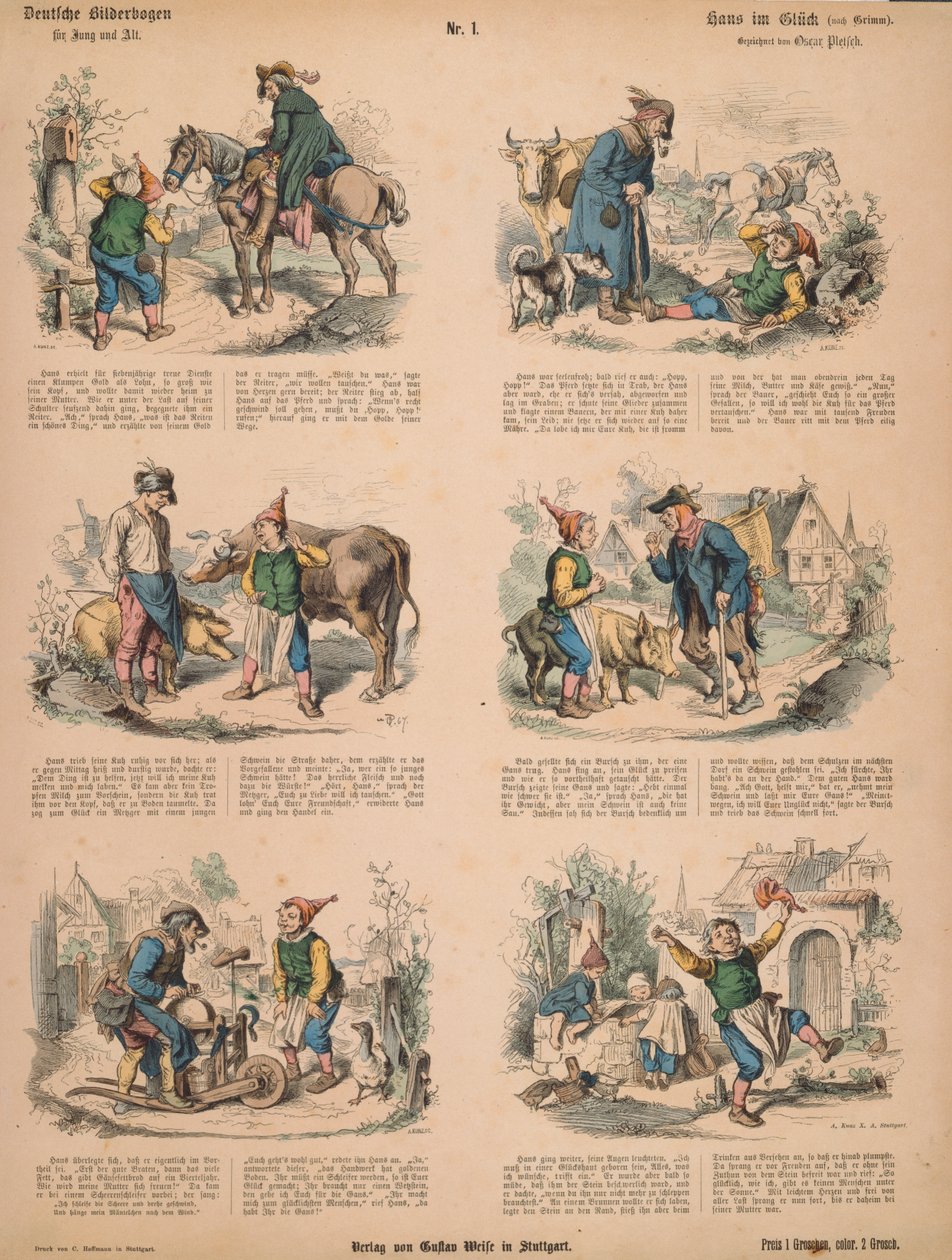 Hans in Luck (depois dos irmãos Grimm), no.213 de Muenchener Bilderbogen publicado por Braun & Schneider, Munique, 1880 de Ludwig Voltz