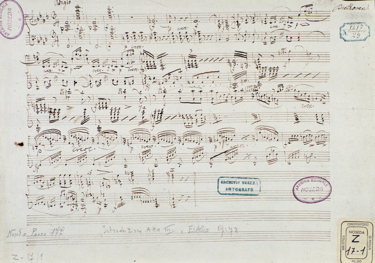 Página da partitura musical de "Fidelio": início do acto III de Ludwig van Beethoven