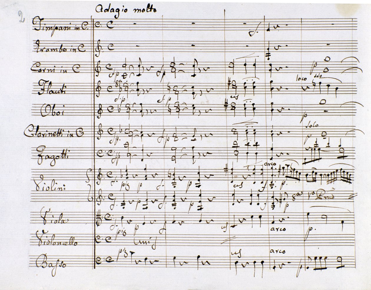 Página de música da Sinfonia nº 1 em Dó Maior do compositor alemão Ludwig van Beethoven (1770-1827) (1799-1800) Milan Biblioteca del Conservatorio de Ludwig van Beethoven