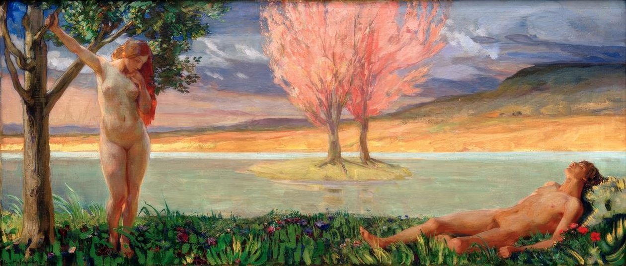Adão e Eva na paisagem celestial de Ludwig von Hofmann
