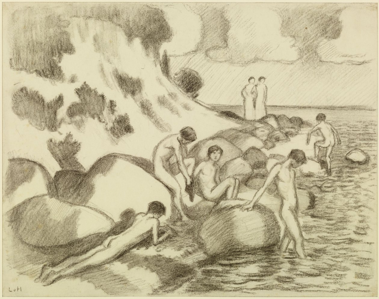 Rapazes a banhar-se na praia, duas mulheres ao fundo de Ludwig von Hofmann