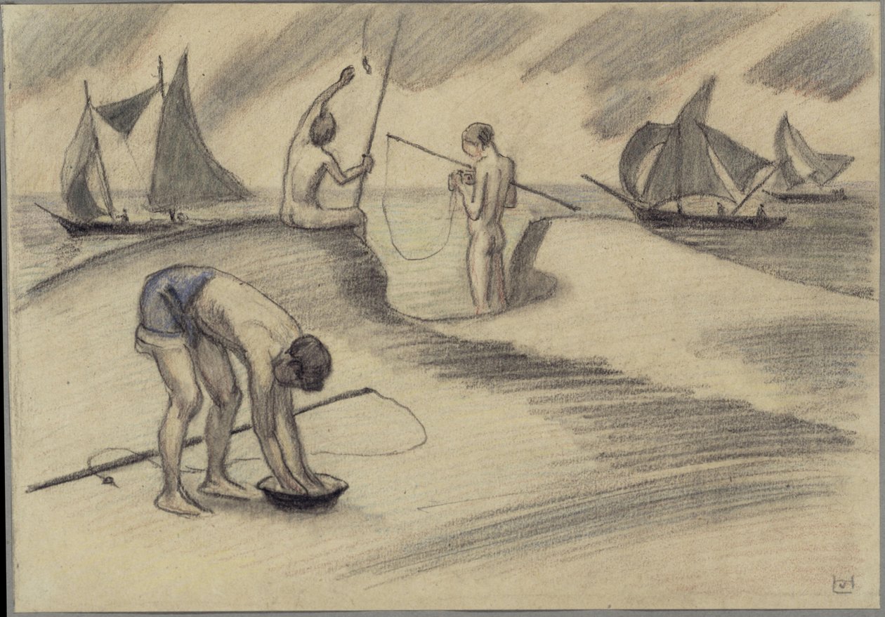 Três rapazes a pescar junto ao mar com veleiros de Ludwig von Hofmann