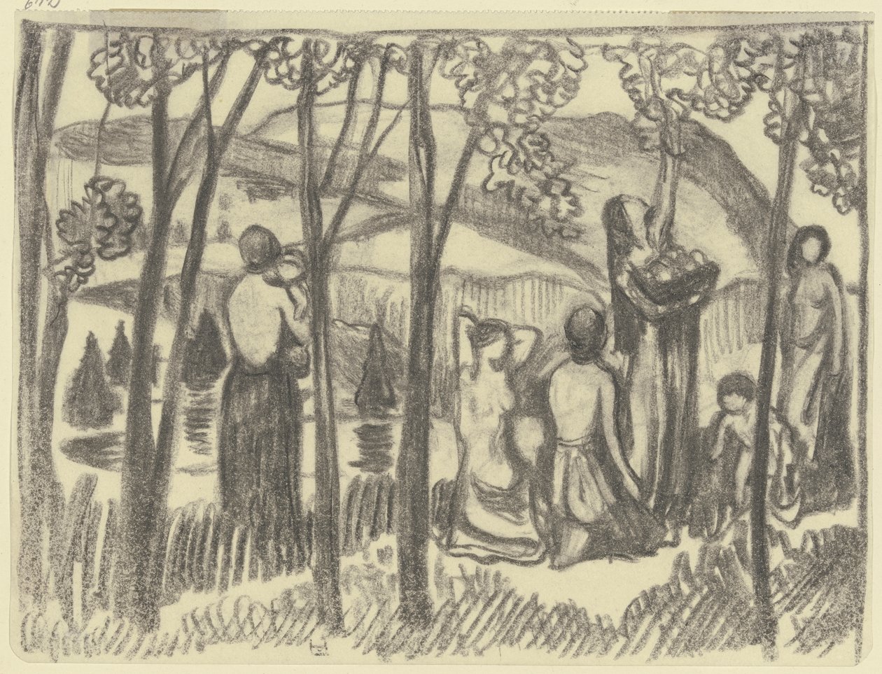 Mulheres ajoelhadas e uma colhedora de fruta de Ludwig von Hofmann