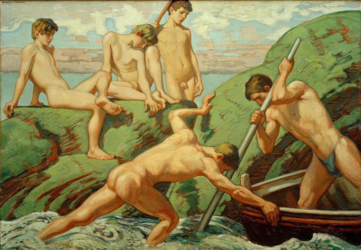 Skippers nus (pescadores) e meninos nas margens verdes de Ludwig von Hofmann