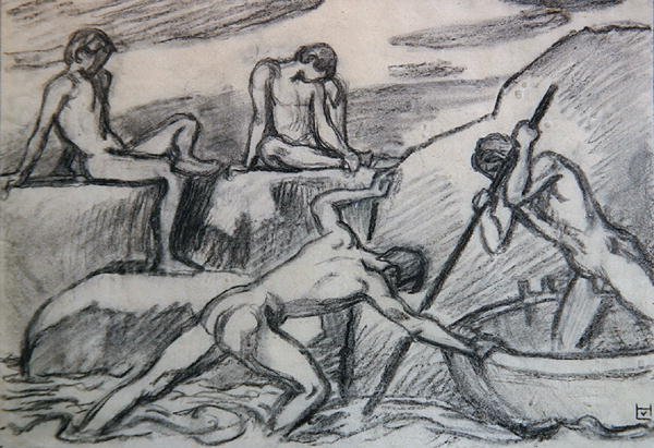 Barqueiro nu e jovens em uma costa verde (grafite sobre papel) de Ludwig von Hofmann